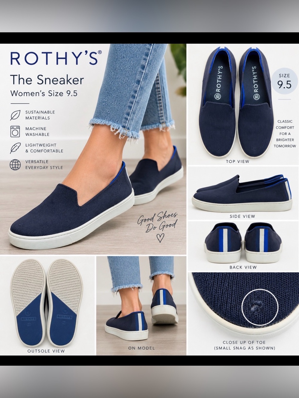 Rothy’s The Sneaker Navy Blue Knit Slip On Shoes Women’s Size 9.5